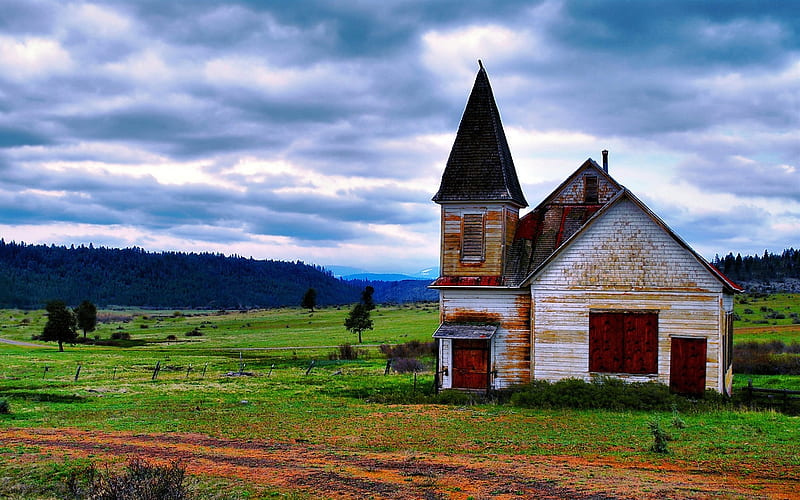 abandoned hope, sky, church, grass, field, HD wallpaper