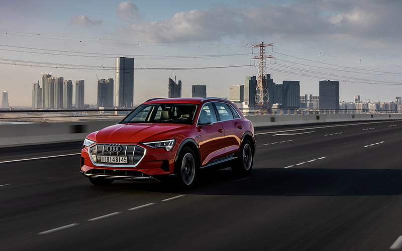 Audi e-tron, 2019, electric SUV, car on the highway, new red e-tron, electric cars, German cars, Audi, HD wallpaper
