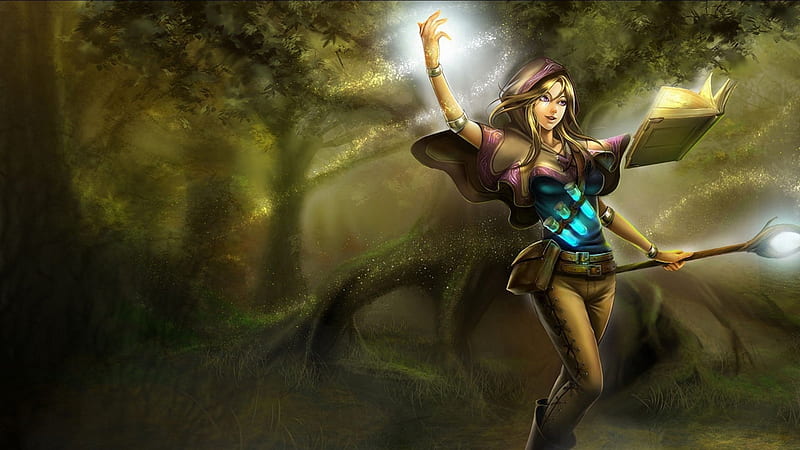 sorceress, staff, spells, book, cloak, blonde, magic, HD wallpaper