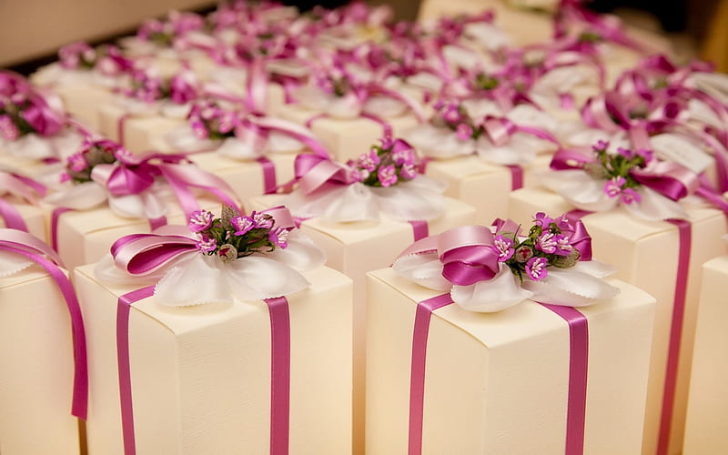 gifts, wedding, gift boxes, gifts for guests, pink ribbons, pink bows, HD wallpaper