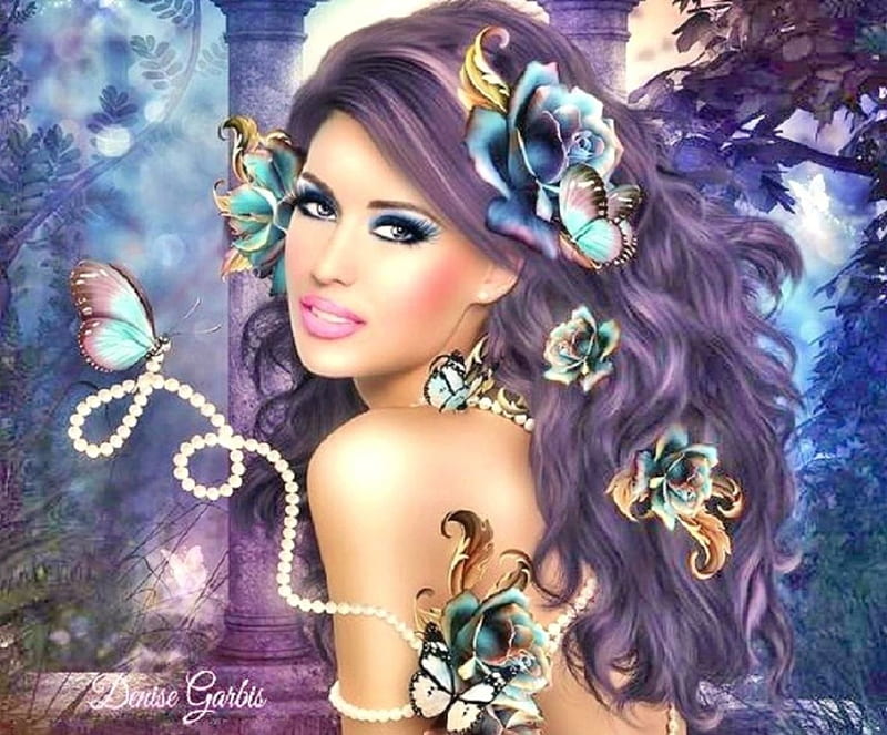 Blue Roses and Pearls, butterflies, beautifu, roses, woman, brunette, fantasy, pearls, beads, eyes, long hair, HD wallpaper