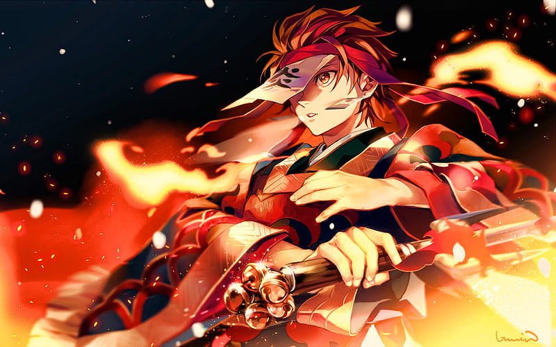 Tanjirou Kamado, sword, samurai, Kimetsu no Yaiba, Tanjirou, fire flames, artwork, manga, Kamado Tanjiro, HD wallpaper