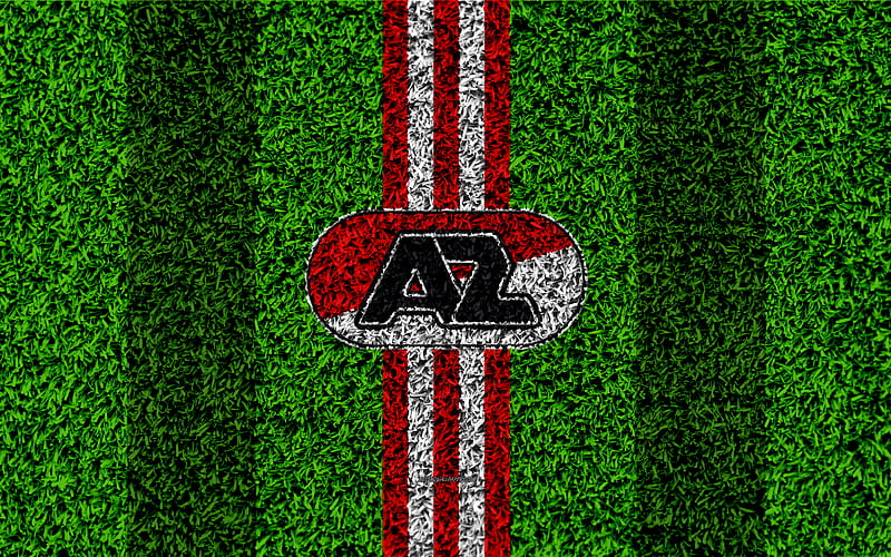 AZ Alkmaar emblem, football lawn, Dutch football club, logo, grass texture, Eredivisie, white red lines, Alkmaar, Netherlands, football, Alkmaar Zaanstreek, HD wallpaper