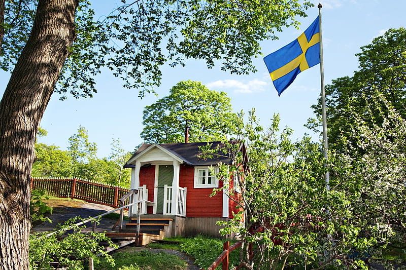 Cute little house in Sweden, nature, house, sweden, flag, HD wallpaper