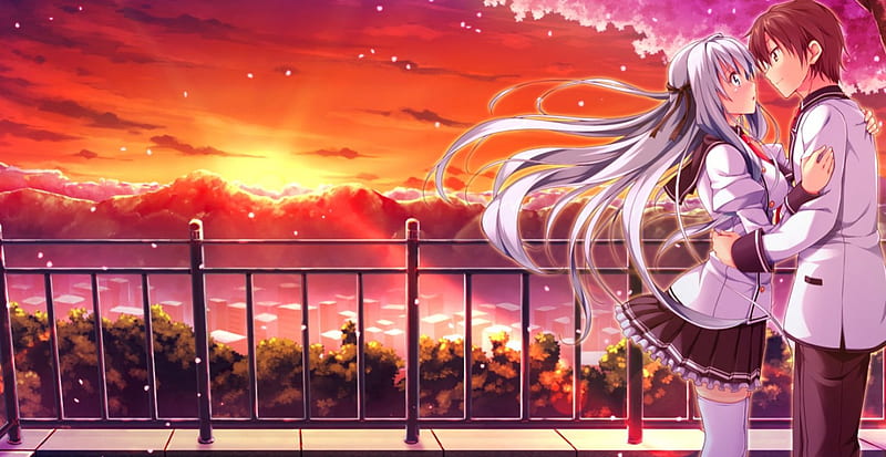 Sunset, guy, girl, anime, petals, kiss, cherry blossom, couple, HD wallpaper