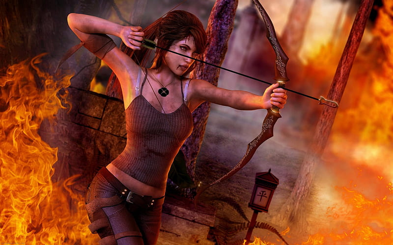 Lara Croft, warrior, game, bow, tomb raider, archer, arrow, HD wallpaper