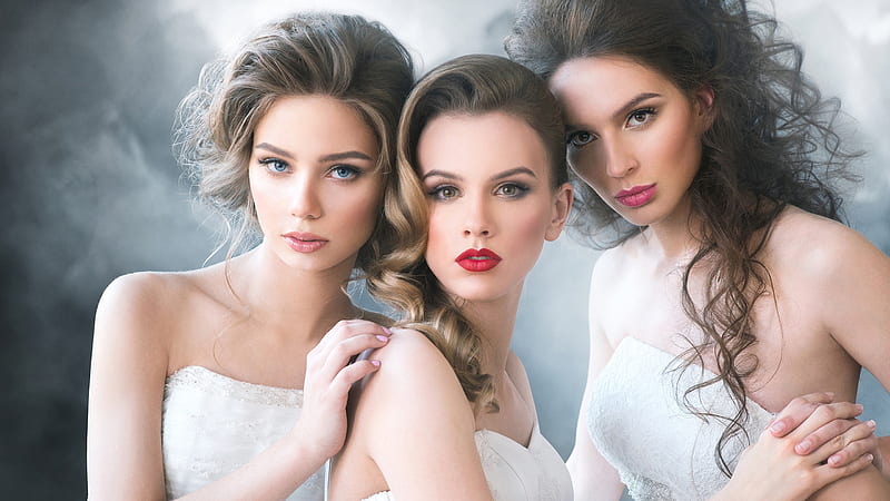 Three Beautiful Girl Models Are Posing For A Wearing White Dress Girls, HD wallpaper