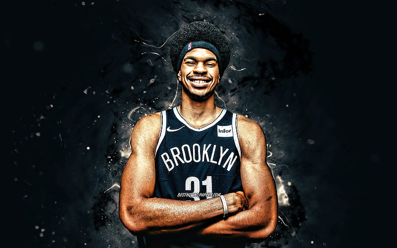 Jarrett Allen 2020, Brooklyn Nets, NBA, basketball, USA, Jarrett Allen Brooklyn Nets, white neon lights, creative, Jarrett Allen, HD wallpaper