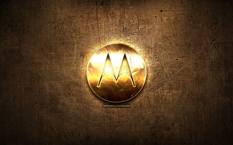 Motorola golden logo, artwork, brown metal background, creative, Motorola logo, brands, Motorola, HD wallpaper