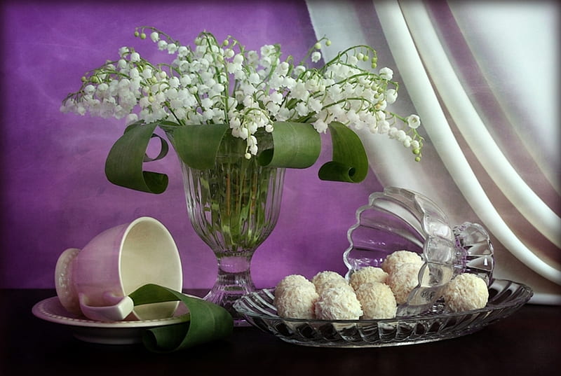 still life, candy, pretty, lily of the valley, coconut balls, glasses, vase, bonito, sweet, graphy, nice, flowers, beauty, harmony, lovely, delicate, elegantly, cool, purple, bouquet, cup, flower, violet, white, HD wallpaper