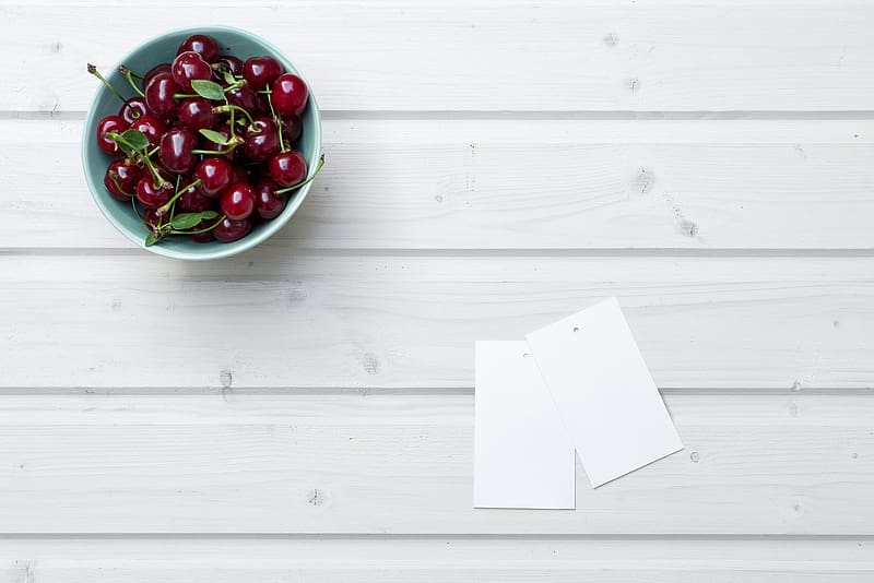 cherry, leaves, bowl, wood, white, HD wallpaper