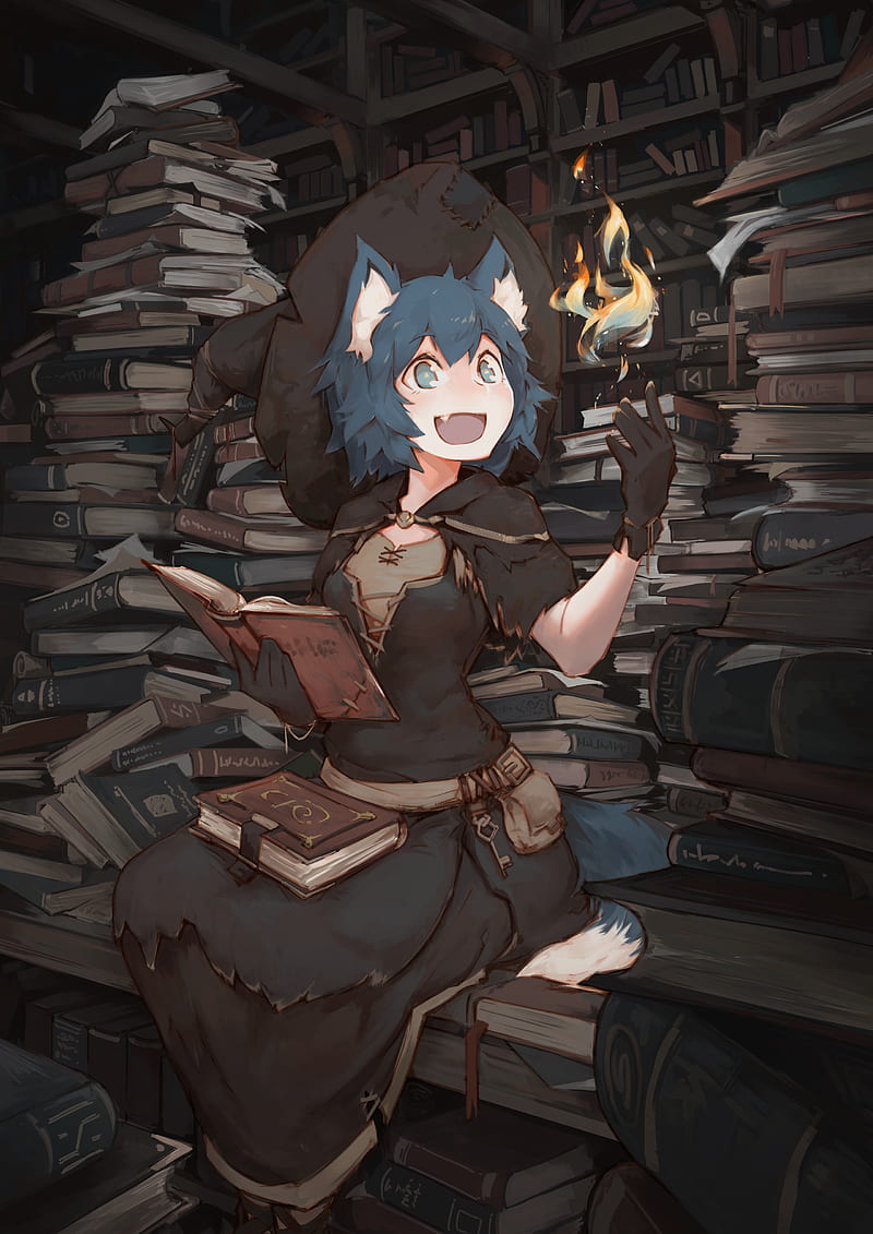 2K free download | Anime, anime girls, animal ears, blue eyes, books