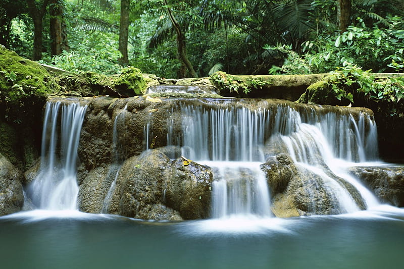 Waterfall in Thailand, rock, gray, trees, thailand, lake, limbs, water, waterfall, nature, white, falls, HD wallpaper