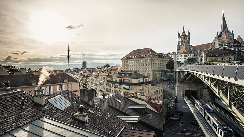 rooftops of lausanne switzerland, cathedral, city, train, bridge, roofs, tunnel, HD wallpaper