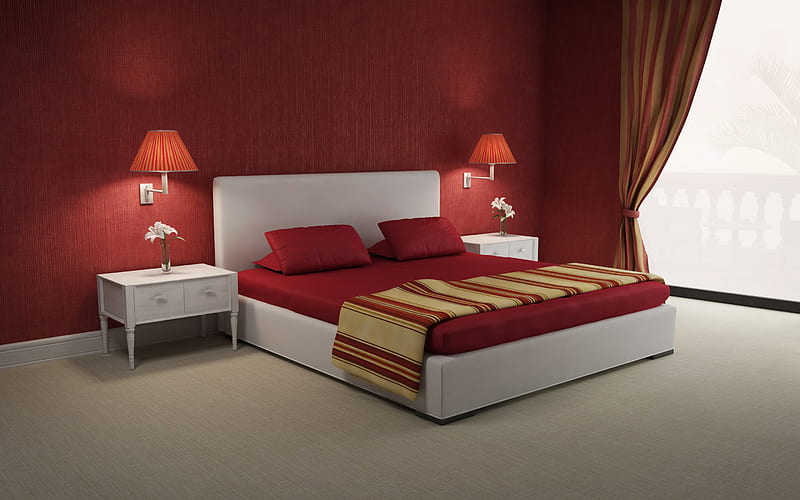 modern design of the bedroom, red style, desenho, red walls, large bed, modern interior design, HD wallpaper