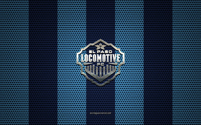 El Paso Locomotive FC logo, American soccer club, metal emblem, blue metal mesh background, El Paso Locomotive FC, USL, El Paso, Texas, USA, soccer, HD wallpaper