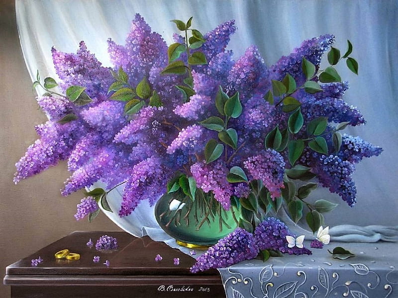 ✿⊱•╮Holiday_LiLac╭•⊰✿, lilac, lovely still life, draw and paint, curtains, love four seasons, vase, butterflies, paintings, flowers, nature, gold rings, butterfly designs, HD wallpaper