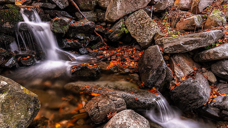 Waterfalls Between Boulders And Stream Nature, HD wallpaper