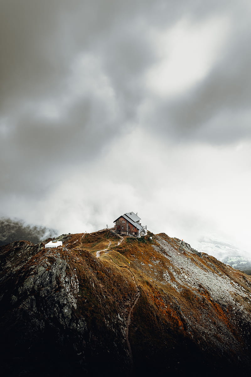 house, rocks, cliff, path, clouds, HD phone wallpaper