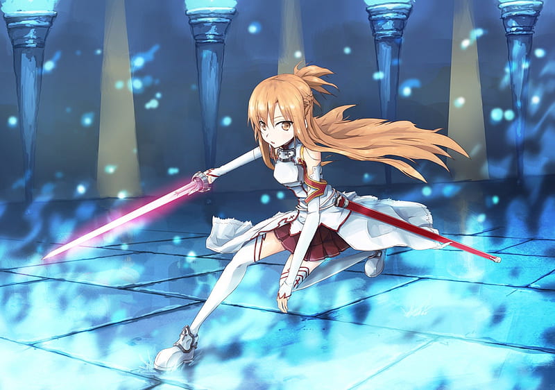 Yuuki Asuna, pretty, stunning, cg, game, thigh highs, magic, rapier, nice, speed, anime, breastplate, beauty, anime girl, weapon, sword, art, yuuki, skirt, sexy, cute, fire, cool, digital, awesome, asuna, white, red, artistic, skill, special, brown, boots, bonito, thighhighs, blade, hot, room, attack, blue, boss room, blue flame, outfit, amazing, brown hair, sword art online, brown eyes, armor, sao, leggings, girl, guild, stockings, uniform, katana, running, HD wallpaper