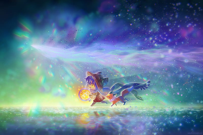 cute anime girl, chibi, fox, shiny colors, running, Anime, HD wallpaper