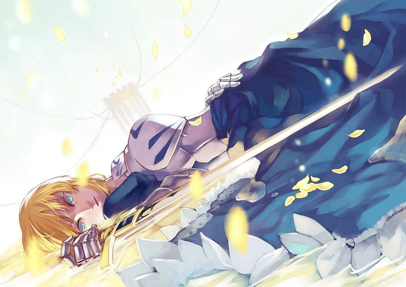Saber, female, laying down, blonde hair, sexy, cherry blossom, fate stay night, cool, water, flower, hot, heaven, anime girl, dream, sword, HD wallpaper