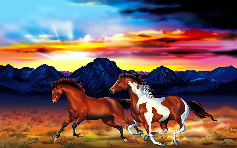 Galloping horses, wilderness, art, running, bonito, sunset, gallop, horses,  HD wallpaper | Peakpx