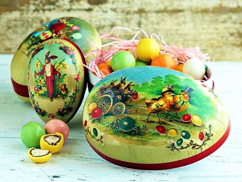 Vintage Easter, filled, egg, decorated, festive, halves, HD wallpaper