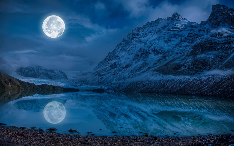 Full Moon, Lake, Mountains, Fantasy, Night, HD wallpaper