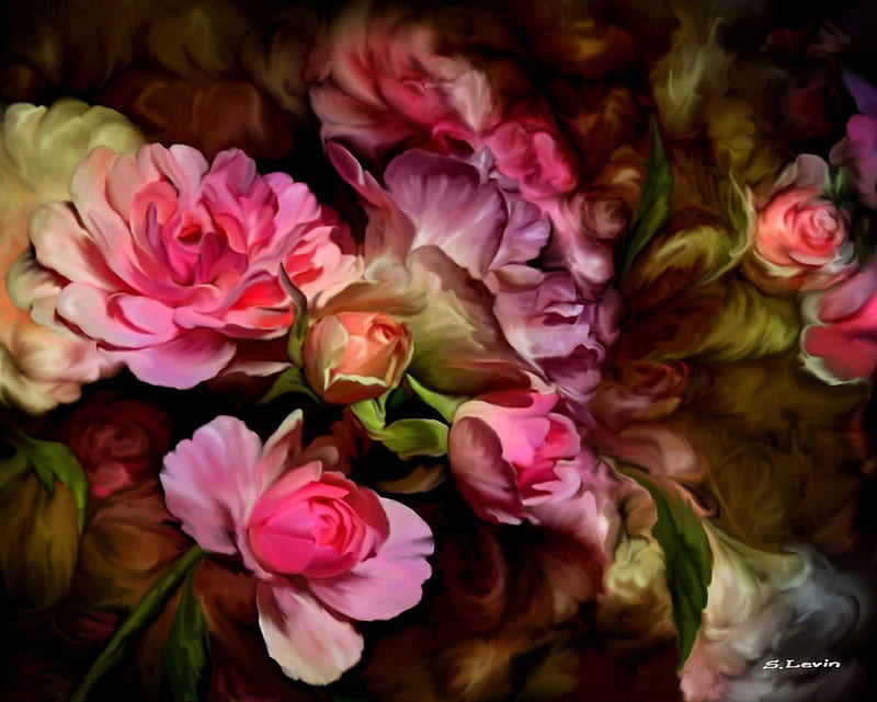 Baroque Flowers, blossoms, peony, painting, artwork, HD wallpaper