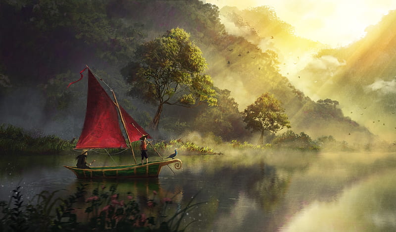 boat, river, art, fog, dawn, HD wallpaper