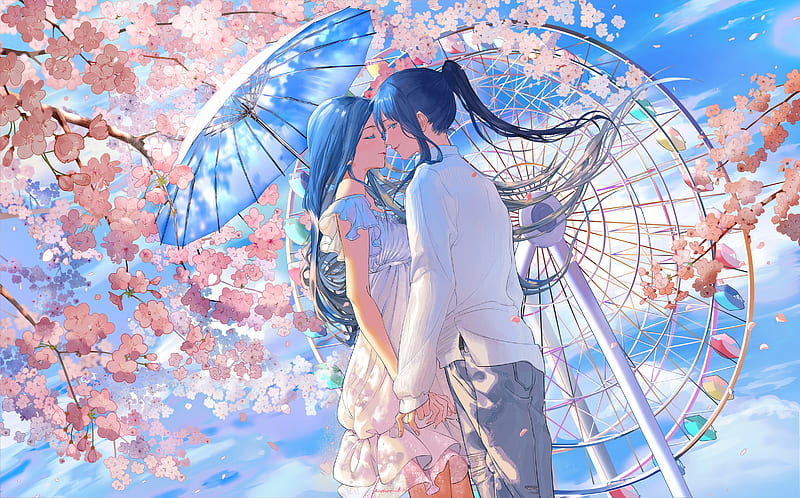 Anime couple, romance, cute, ferris wheel, blue umbrella, spring, white  dress, HD wallpaper | Peakpx