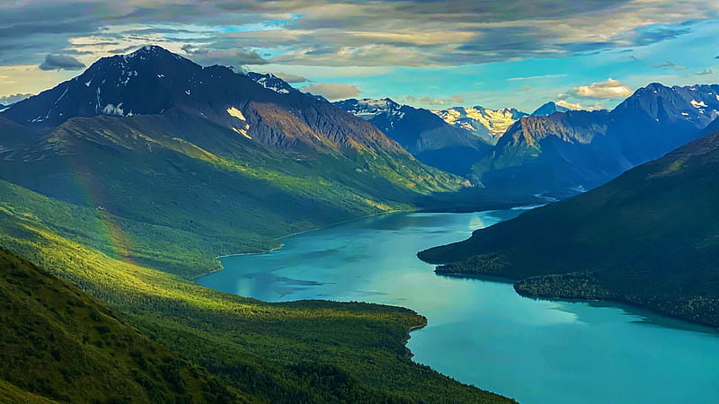 Eklutna Lake, Alaska, clouds, sky, mountains, water, usa, HD wallpaper