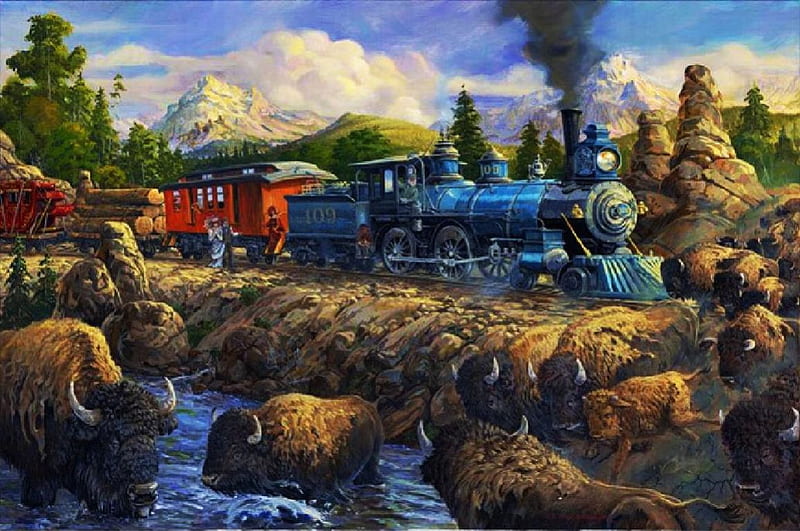 Western Frontier, train, painting, buffaloes, creek, steam, railways, artwork, vintage, HD wallpaper