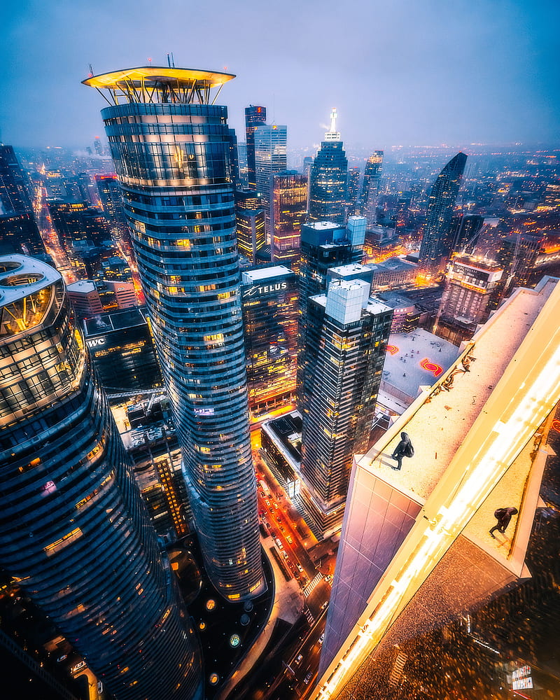 skyscrapers, aerial view, night city, roof, toronto, HD phone wallpaper