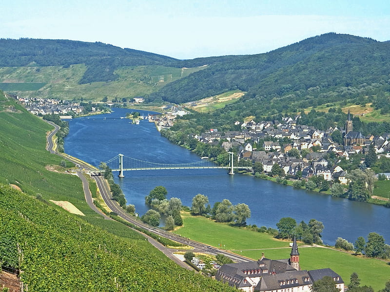 German River, hills, germany, vineyard, villa, church, europe, water, bridge, river, landscape, blue, HD wallpaper