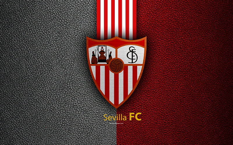 Sevilla FC Spanish football club, La Liga, logo, emblem, leather texture, Sevilla, Spain, football, HD wallpaper