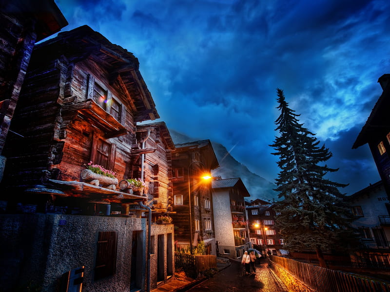 The Streets of Zermatt, Switzerland, Travel, Zermatt, The Streets of Zermatt, Lights, Switzerland, sky, The Streets, Street, HD wallpaper