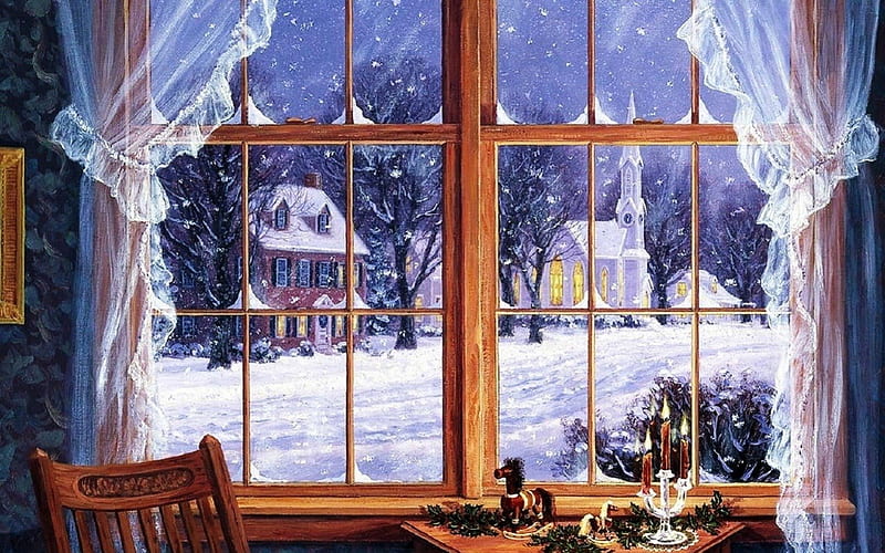 Silent Winter Night, quiet, window, christmas, snow, nightfall, church, HD wallpaper