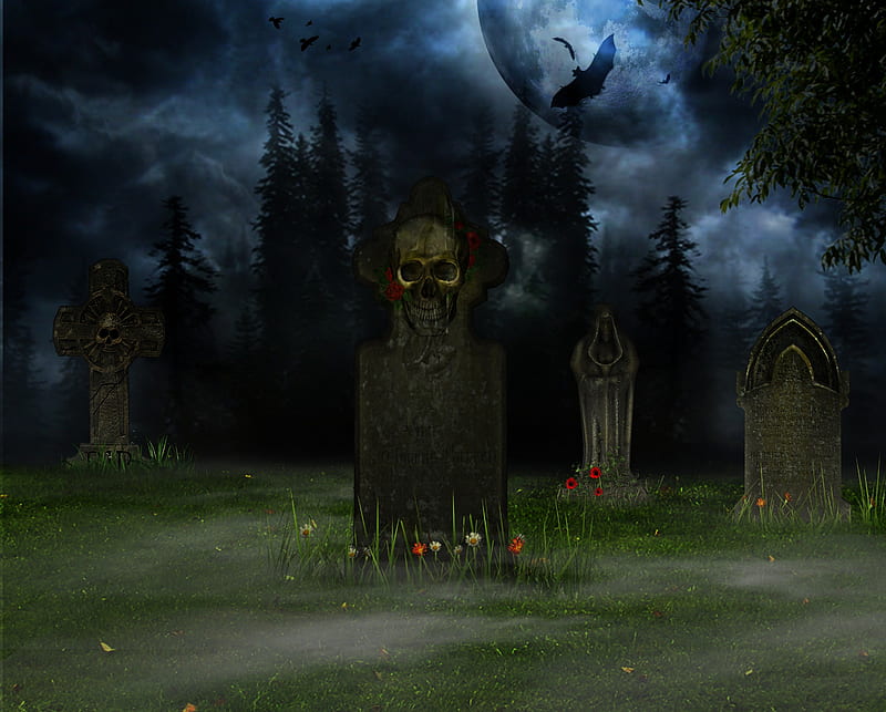 ✼.TombStones.✼, grass, gravestone, bats, ground terrain, creepy, leaves, stock , flowers, forests, resources, animals, raven, premade, cemetery, tombstones, places, creative pre-made, trees, bird, plants, backgrounds, nature, skull, HD wallpaper