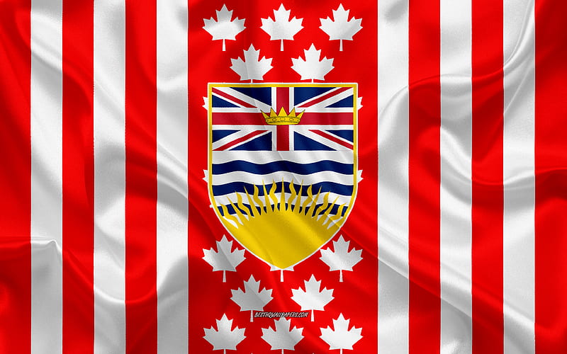 Coat of arms of British Columbia, Canadian flag, silk texture, British Columbia, Canada, Seal of British Columbia, Canadian national symbols, HD wallpaper