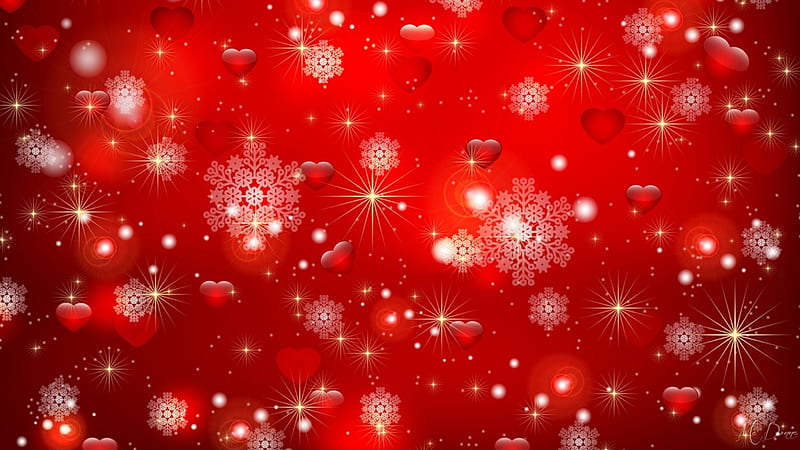 Hearts and February Snowflakes, red, glow, shine, corazones, winter, sparkle, Valentines Day, snow, snowflakes, HD wallpaper