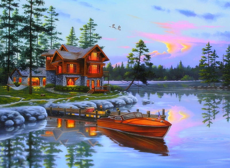 Holiday Blessed, lakes, cottages, houses, love four seasons, attractions in dreams, spring, boat, paintings, summer, nature, HD wallpaper