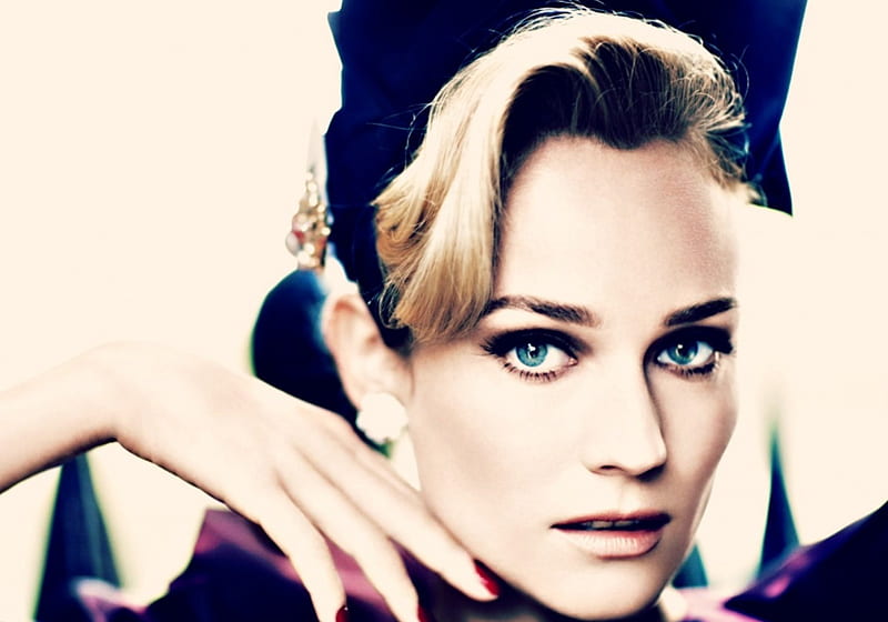 Diane Kruger, blonde, woman, girl, purple, actress, hand, face, white, eyes, blue, HD wallpaper