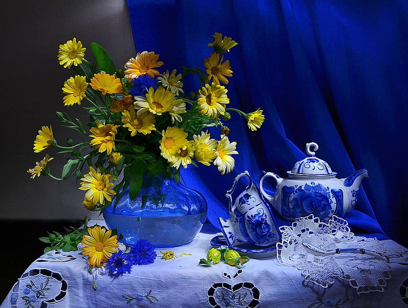 Still life, yellow, vase, teatime, tea, backgrounnd, cup, flowers, beauty, nature, kettle, blue, HD wallpaper