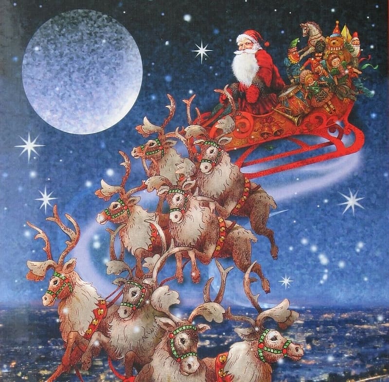 sky, santa, night, view from down, art, craciun, sleigh, painting ...