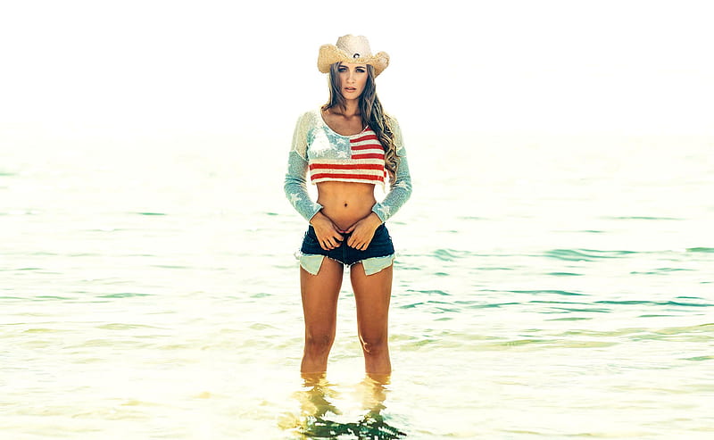 Knee Deep . ., female, models, cowgirl, ranch, outdoors, women, lake, brunettes, Americana, western, style, HD wallpaper