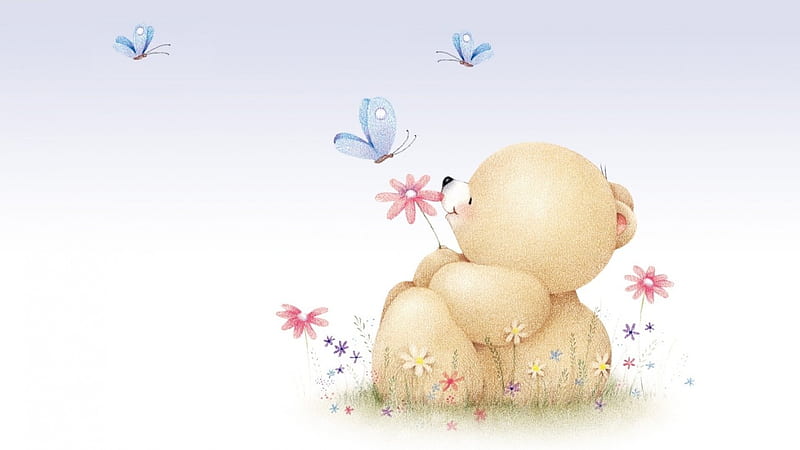Happy Spring!, toy, spring, card, cute, butterfly, white, teddy bear, pink, blue, HD wallpaper