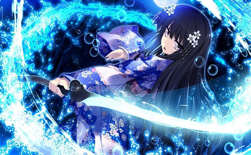 Koiken Otome, girl, cg, game, magic, kimono, long hair, sword, HD wallpaper