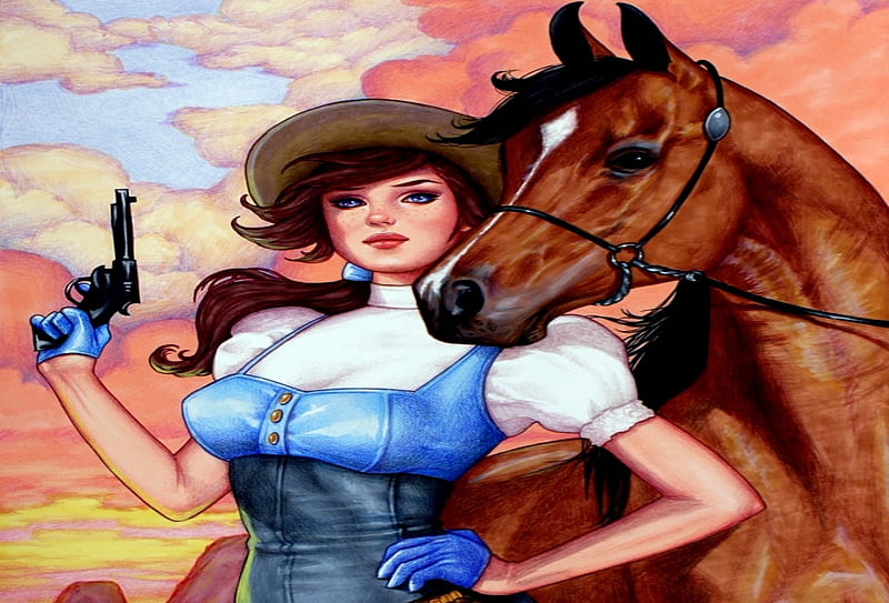 Blue Eyed Cowgirl, Horse, Brown, Cowgirl, Blue Eyes, Hat, HD wallpaper